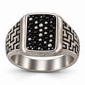 Men's vintage labyrinth black stone signet ring in distressed stainless steel
