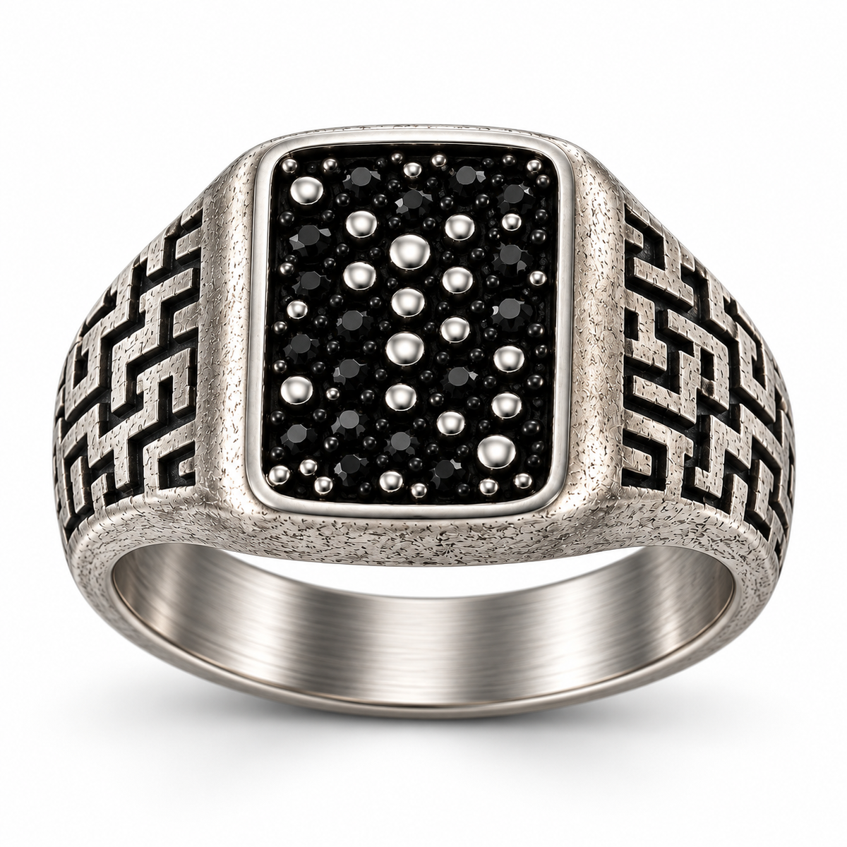 Men's vintage labyrinth black stone signet ring in distressed stainless steel
