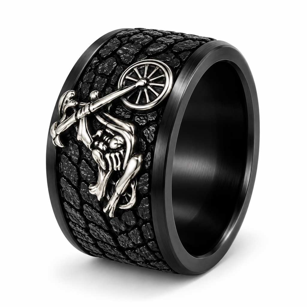 Men's two-tone skeleton bicycle wide band ring in black stainless steel
