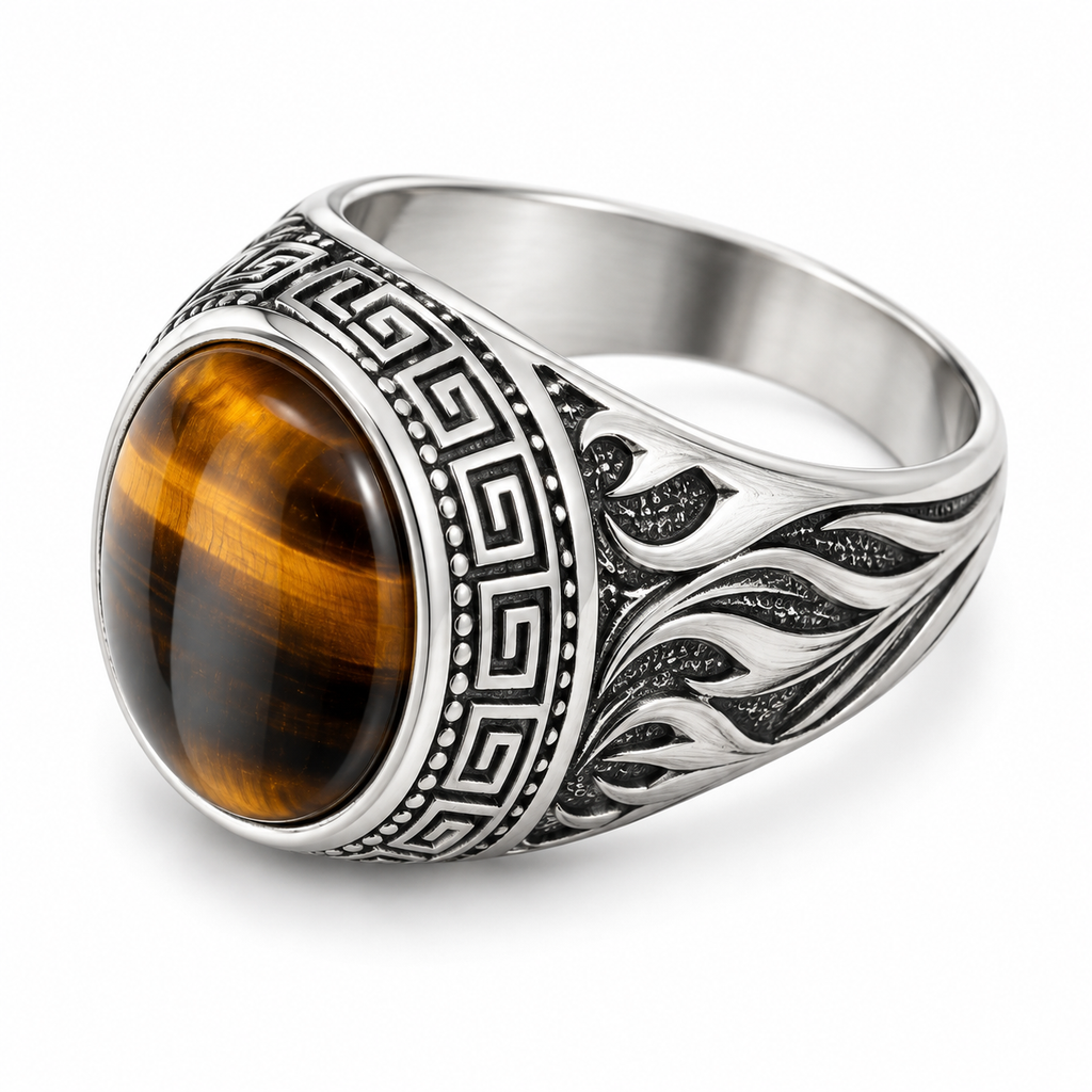 Men's natural tiger eye stone signet ring with Greek key border
