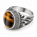 Men's natural tiger eye stone signet ring with Greek key border
