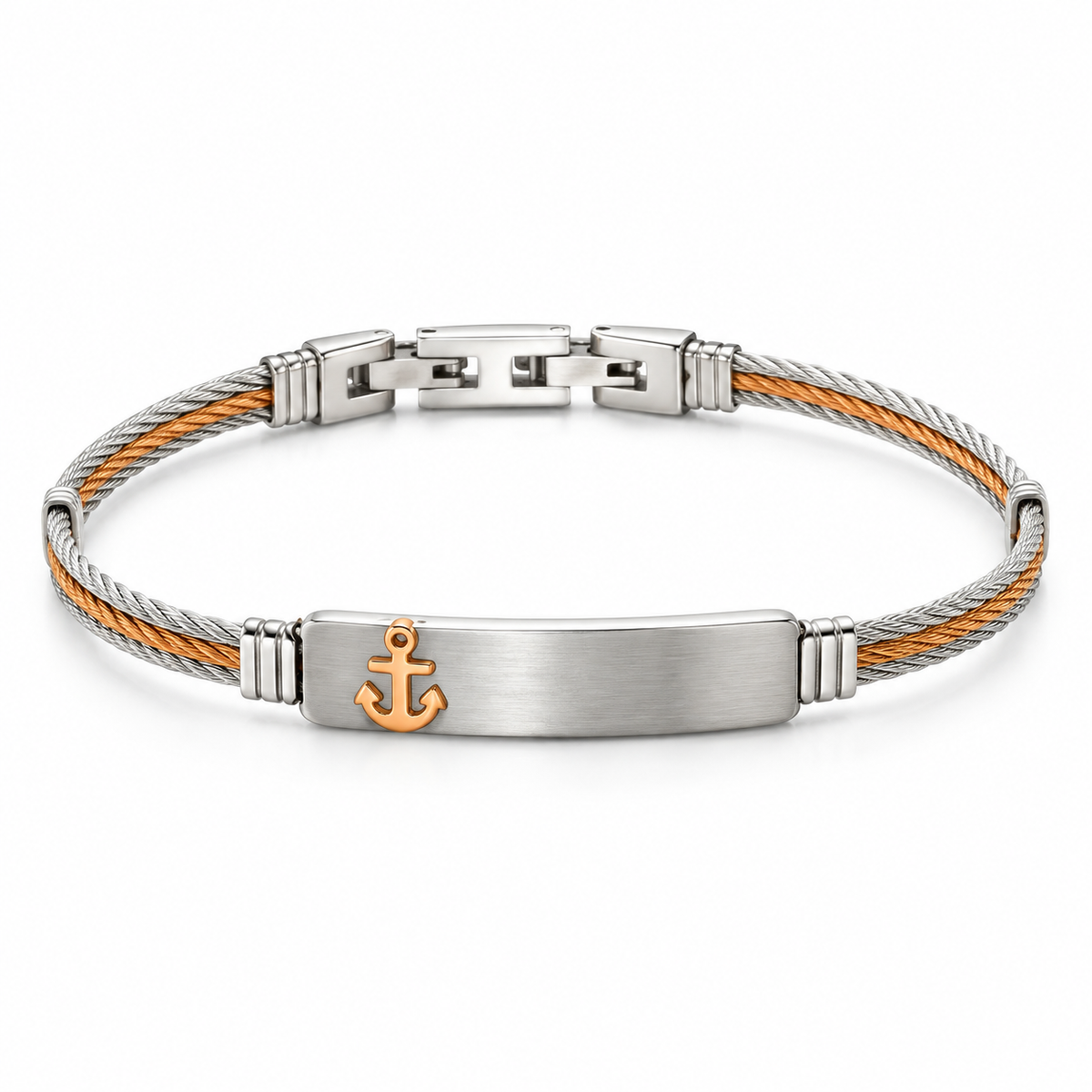 Men's two-tone twisted cable ID bangle bracelet with gold nautical anchor accent
