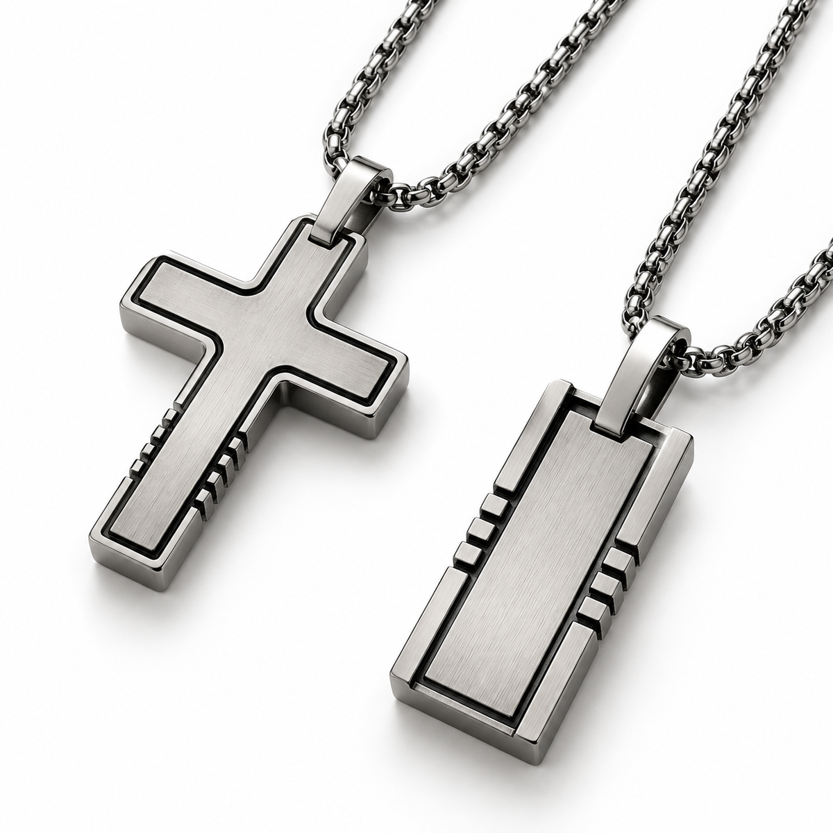 Men's industrial tactical grooved cross and dog tag bar pendant necklace pair
