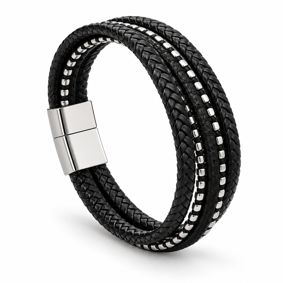 Angled view of Men's triple-strand leather bracelet showing magnetic clasp on white background
