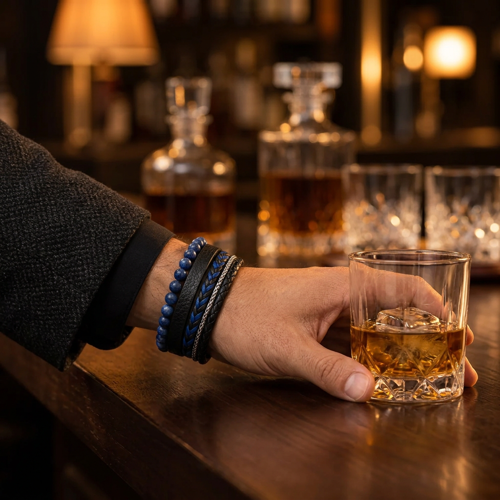 Male hand holding whiskey glass at bar wearing Men's blue gemstone leather cuff bracelet
