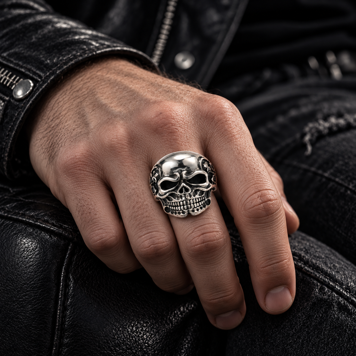 Close up of detailed teeth and carved eye sockets on biker skull ring
