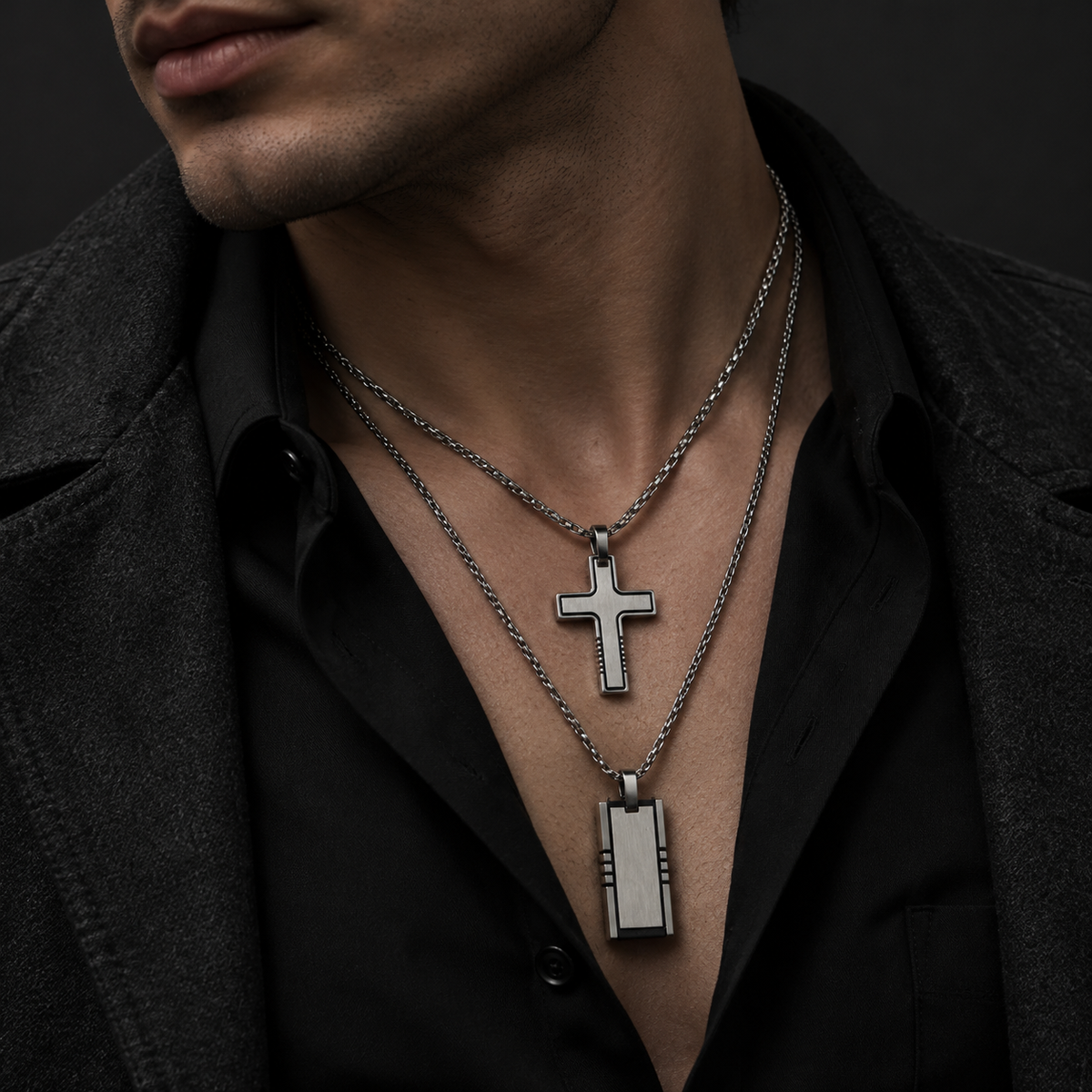 Men's Industrial Tactical Grooved Cross & Bar Tag Pendant Necklace – Stainless Steel Jewelry