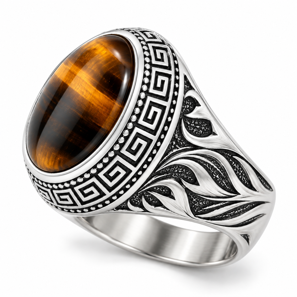 Side view of carved scrollwork on vintage stainless steel tiger eye ring
