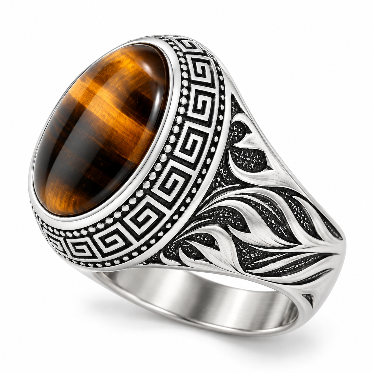 Side view of carved scrollwork on vintage stainless steel tiger eye ring
