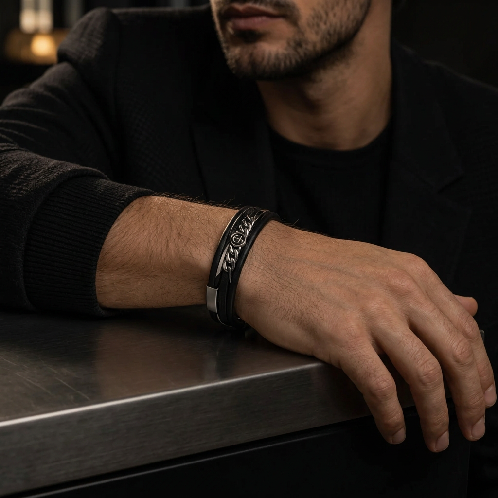 Gentleman in black tailored suit touching chin wearing Men's falcon medallion leather bracelet

