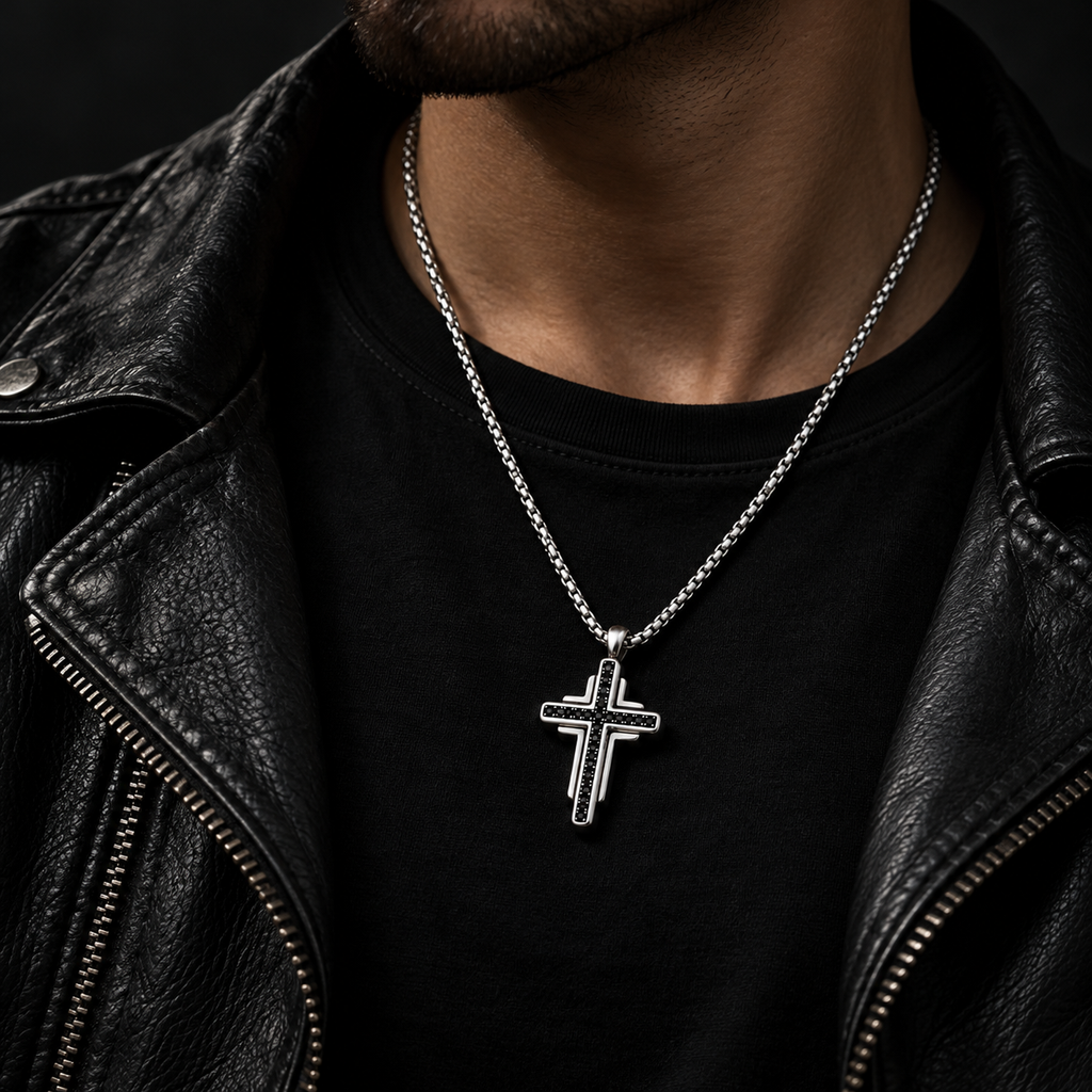 Model wearing men's double-layer black crystal cross necklace with black leather biker jacket
