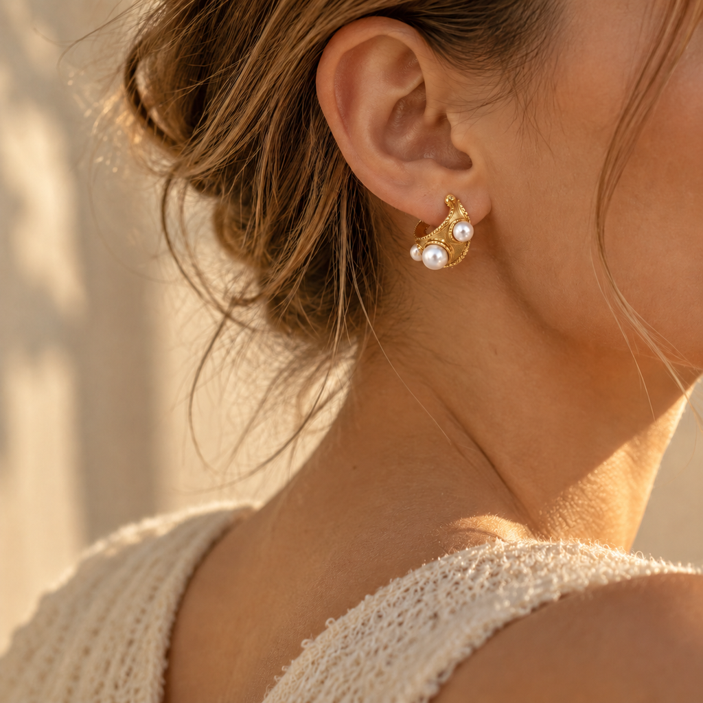 Women's Vintage Textured Pearl Crescent Hoop Earrings