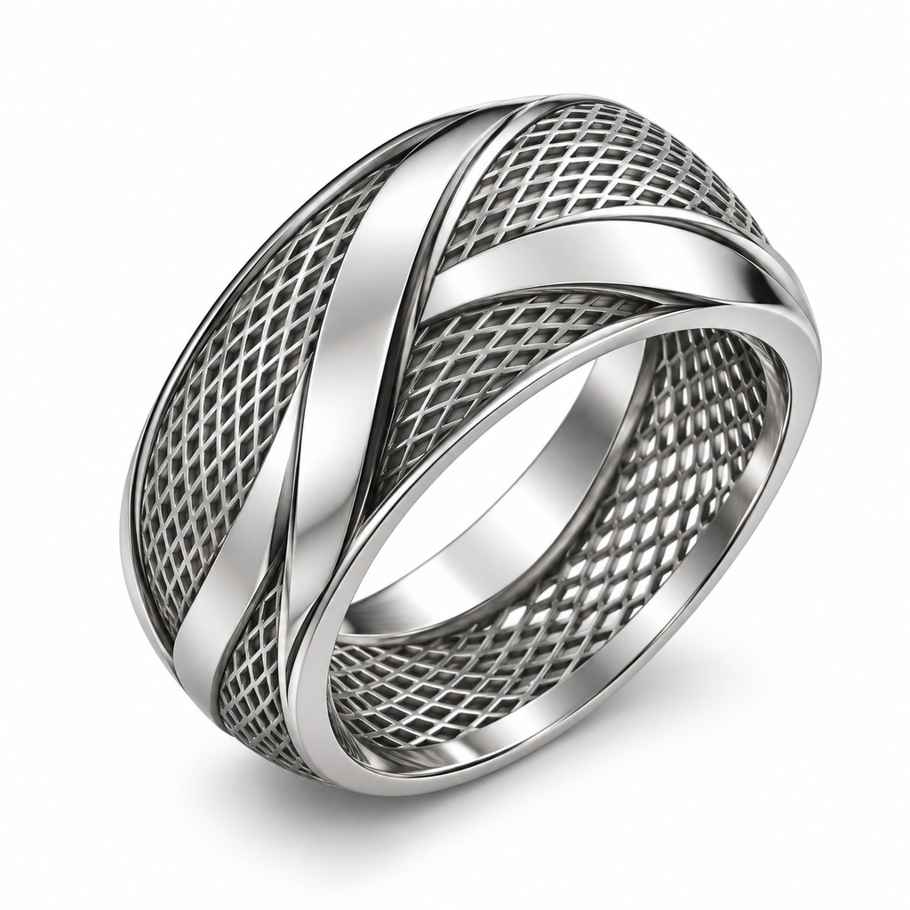 Angled studio view of Men's industrial wire mesh band ring with polished ribbon waves
