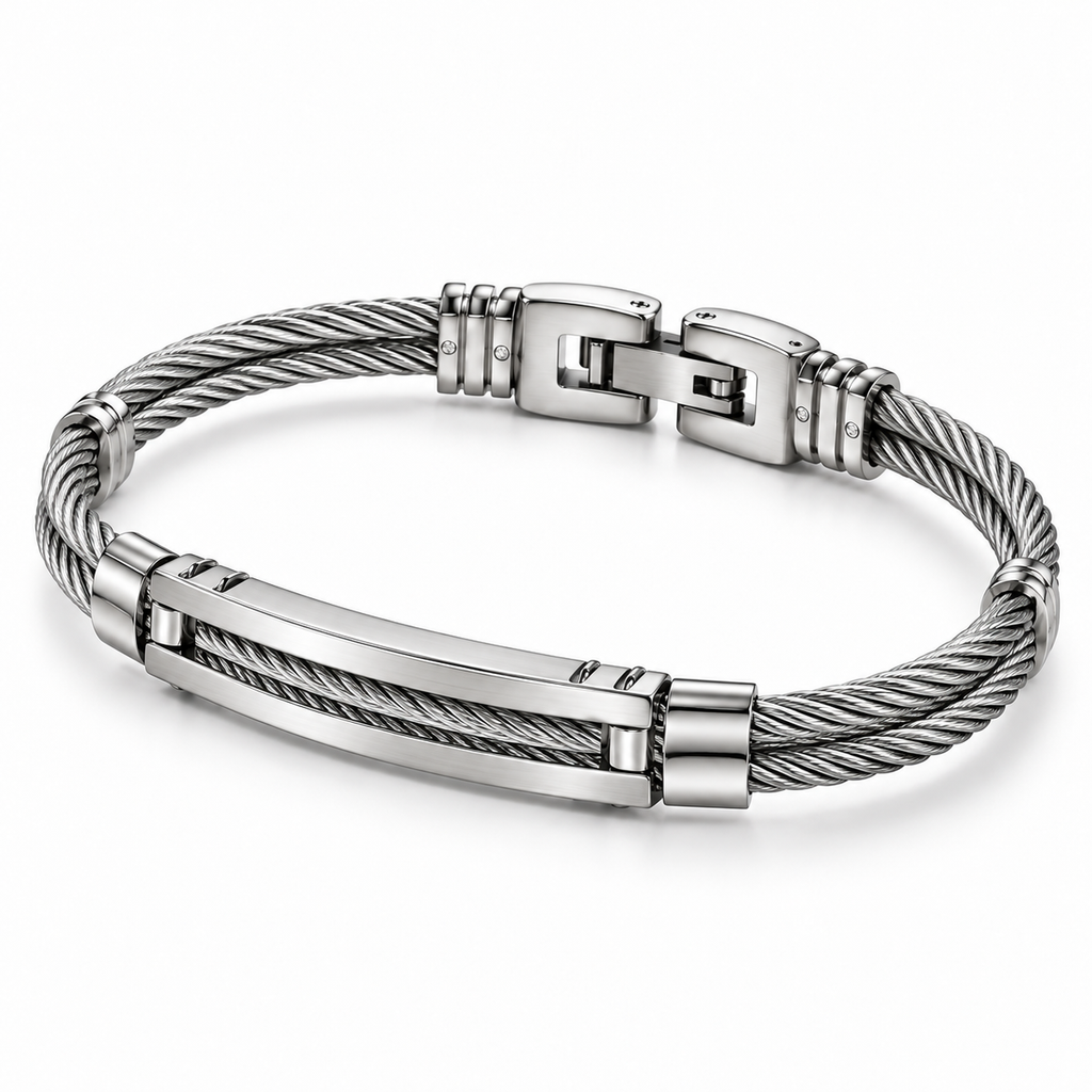 Angled studio view of men's twisted wire cable ID bangle bracelet with fold-over clasp
