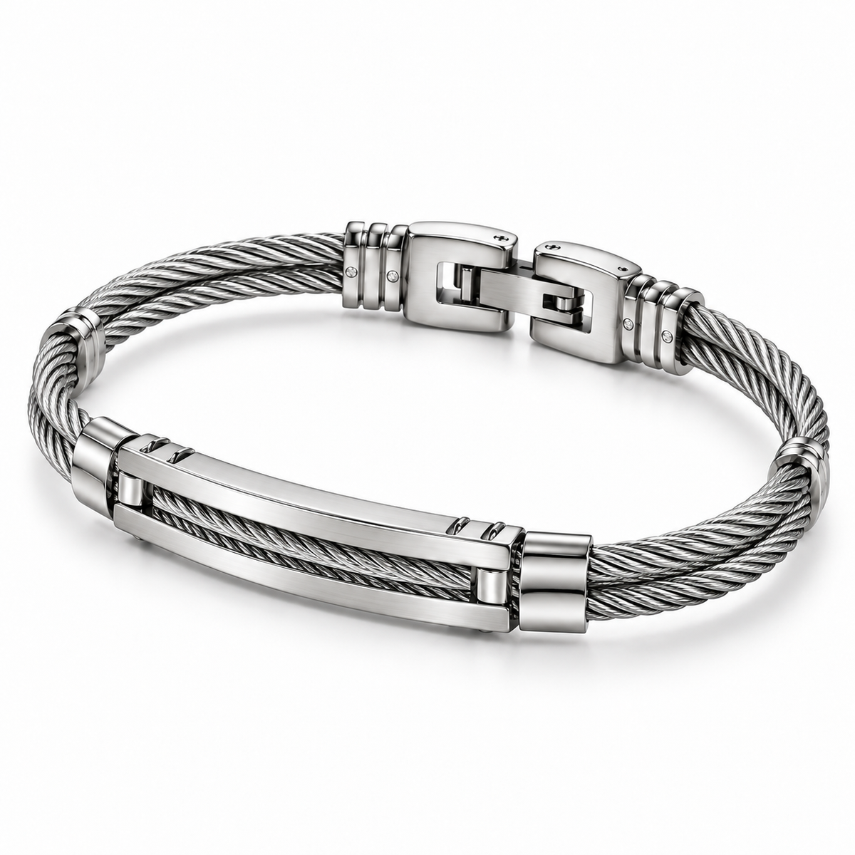 Angled studio view of men's twisted wire cable ID bangle bracelet with fold-over clasp
