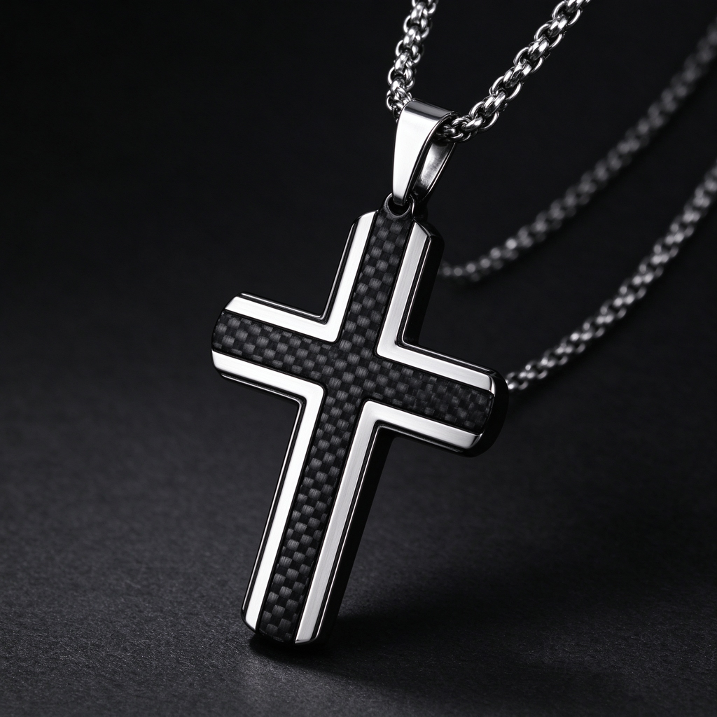 Angled studio close-up of men's black carbon fiber cross pendant on dark background

