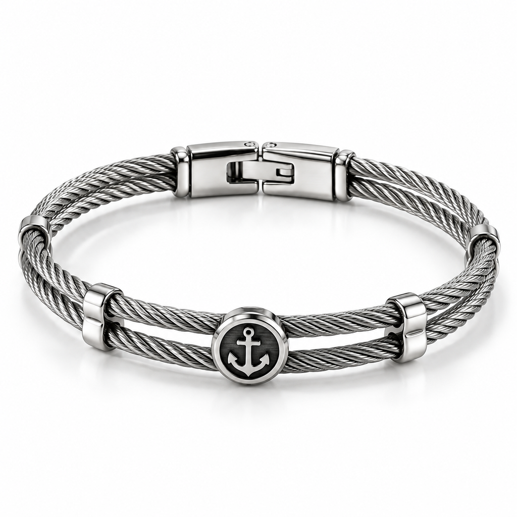 Men's stainless steel twisted cable bangle bracelet with circular nautical anchor medallion

