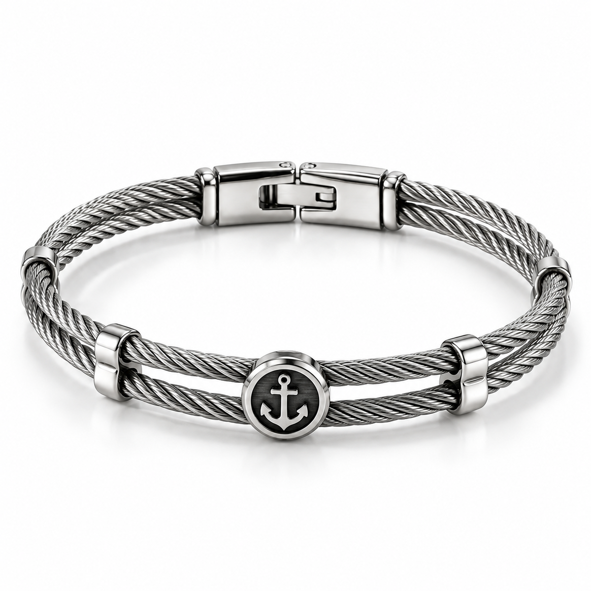 Men's stainless steel twisted cable bangle bracelet with circular nautical anchor medallion
