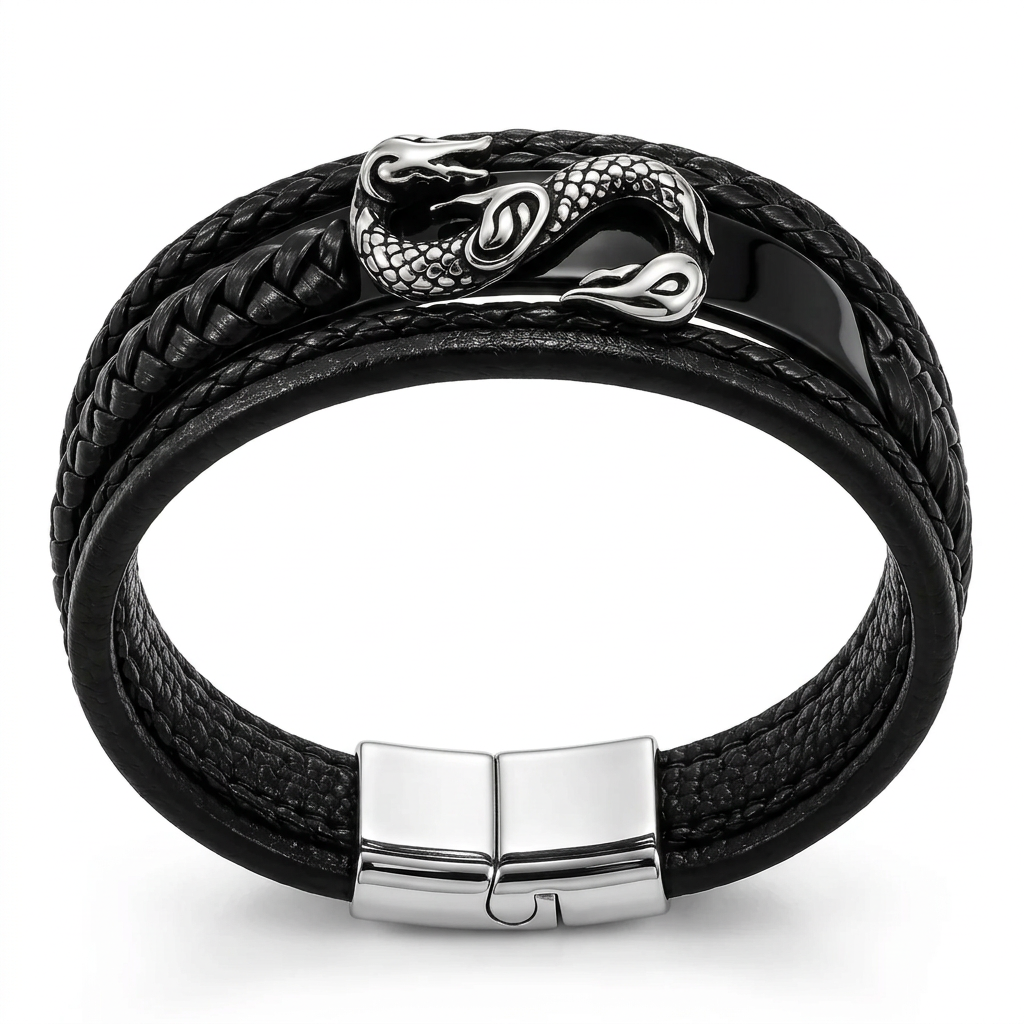 Front view of Men's Norse dragon leather bracelet showing magnetic clasp on white background
