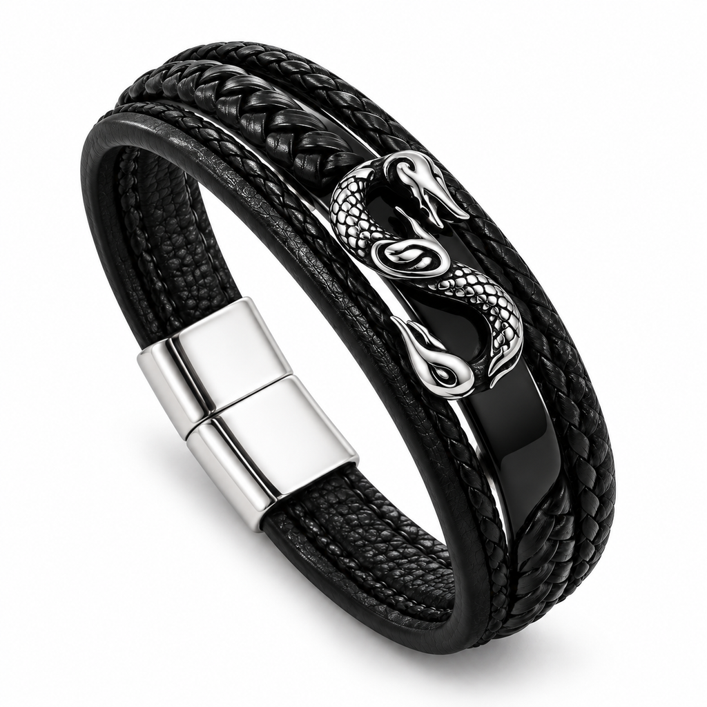 Men's Norse Dragon Multi-Layer Leather Bracelet in black with stainless steel dragon crest
