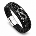 Men's Norse Dragon Multi-Layer Leather Bracelet in black with stainless steel dragon crest

