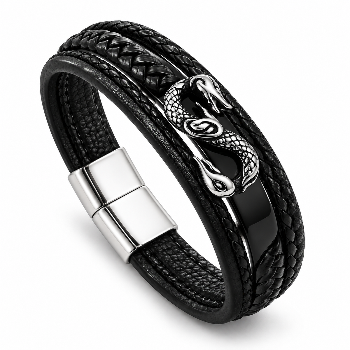 Men's Norse Dragon Multi-Layer Leather Bracelet in black with stainless steel dragon crest
