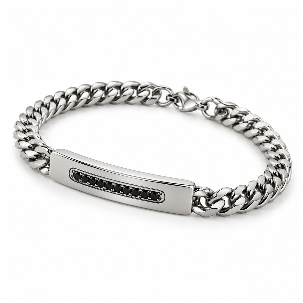 Angled studio view of men's stainless steel Cuban chain channel-set black CZ ID bracelet
