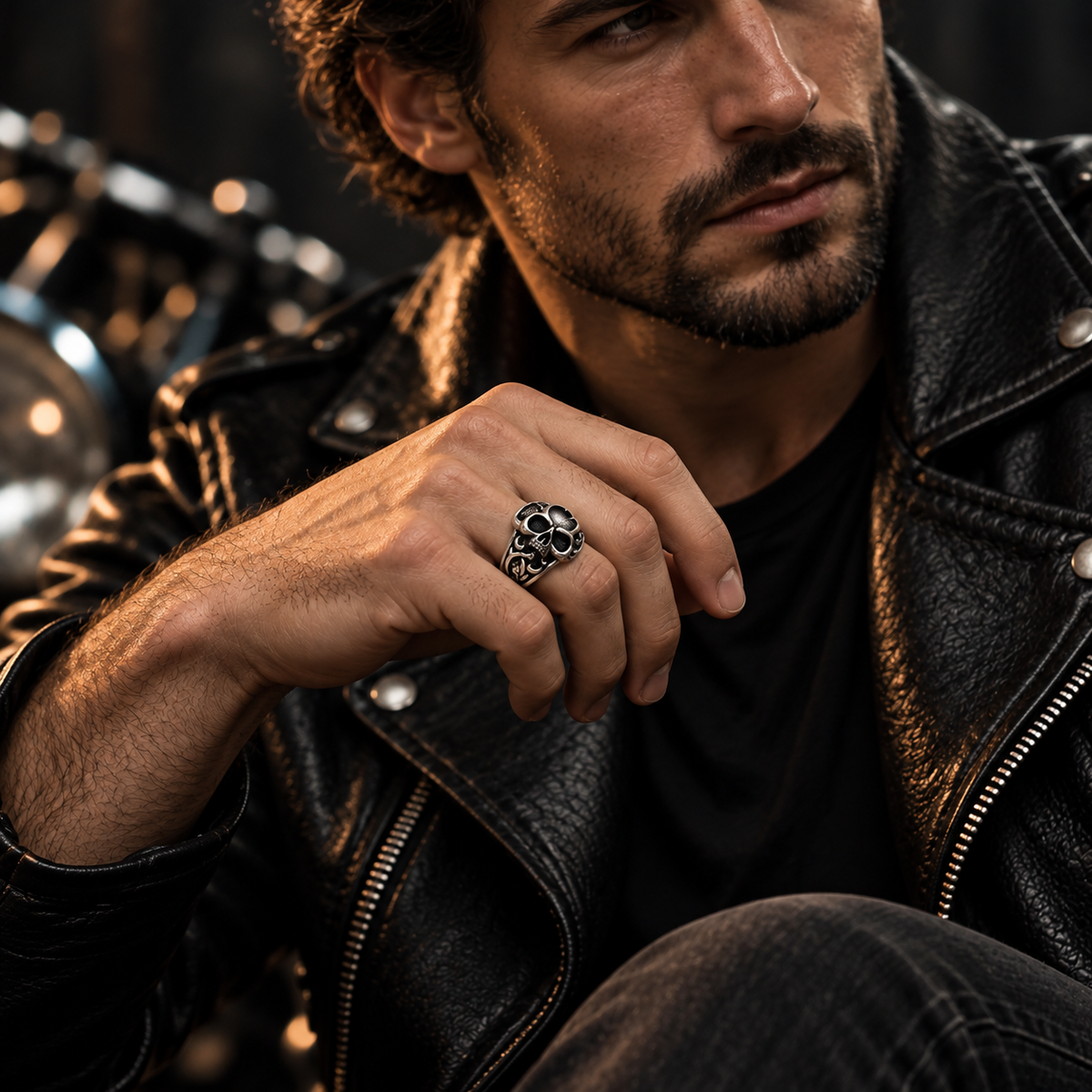 Close up of detailed 3D sculpted skull texture on biker ring
