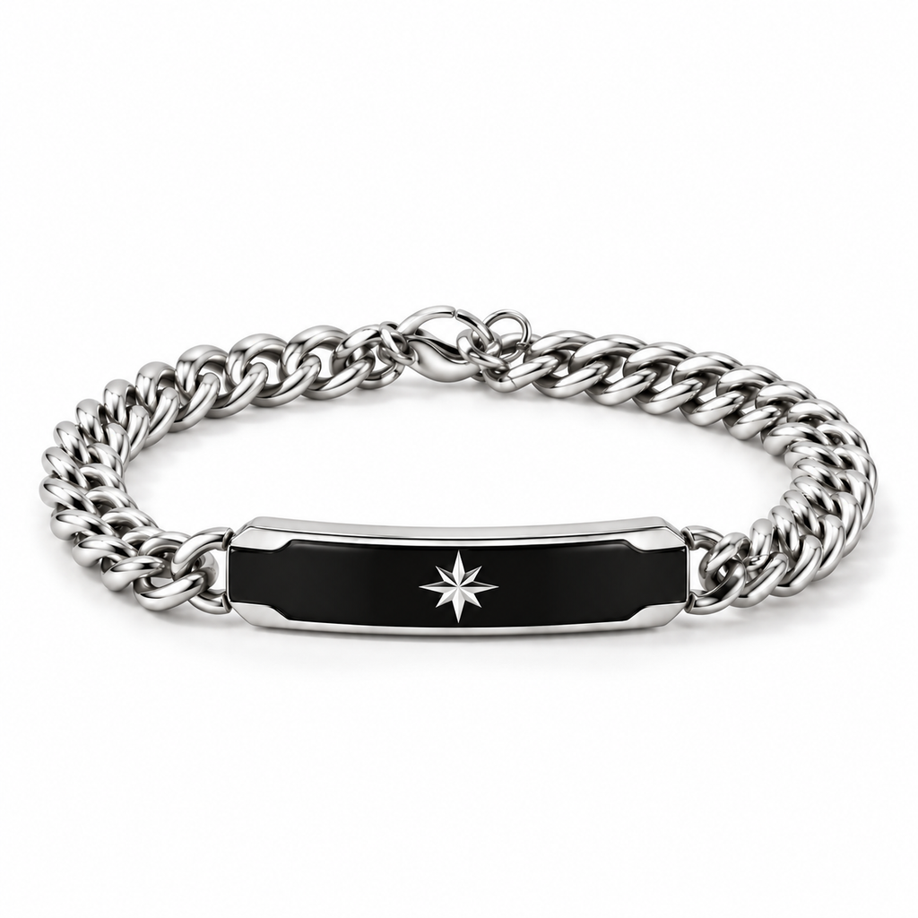 Men's stainless steel Cuban curb chain ID bar bracelet with black enamel and silver North Star

