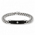 Men's stainless steel Cuban curb chain ID bar bracelet with black enamel and silver North Star
