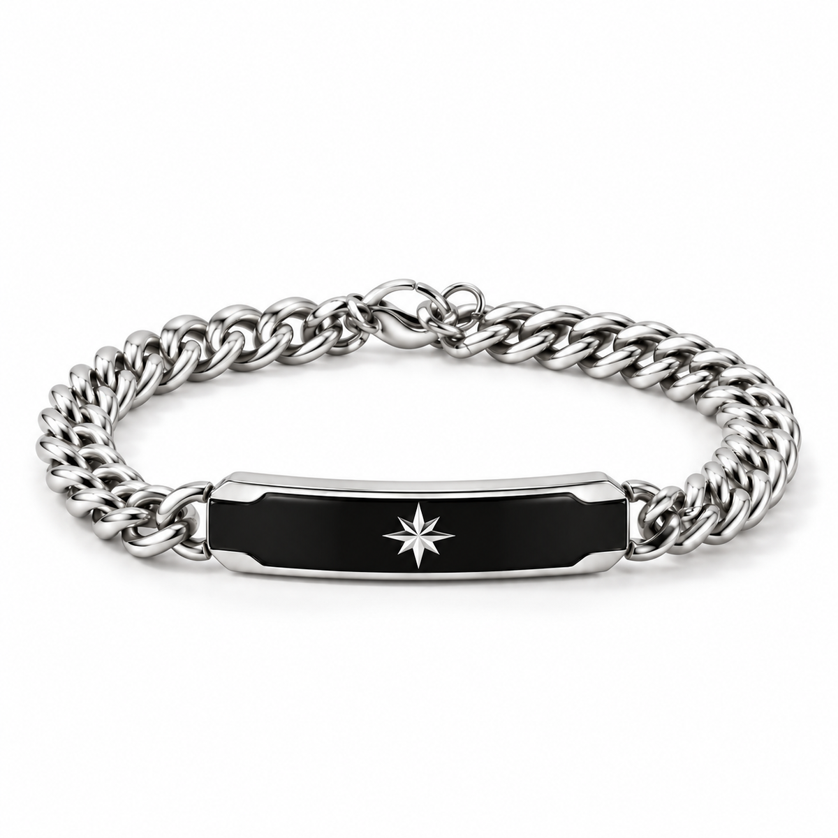 Men's stainless steel Cuban curb chain ID bar bracelet with black enamel and silver North Star
