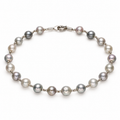 Multi-tone grey ombre pearl beaded bracelet with stainless steel clasp on white background
