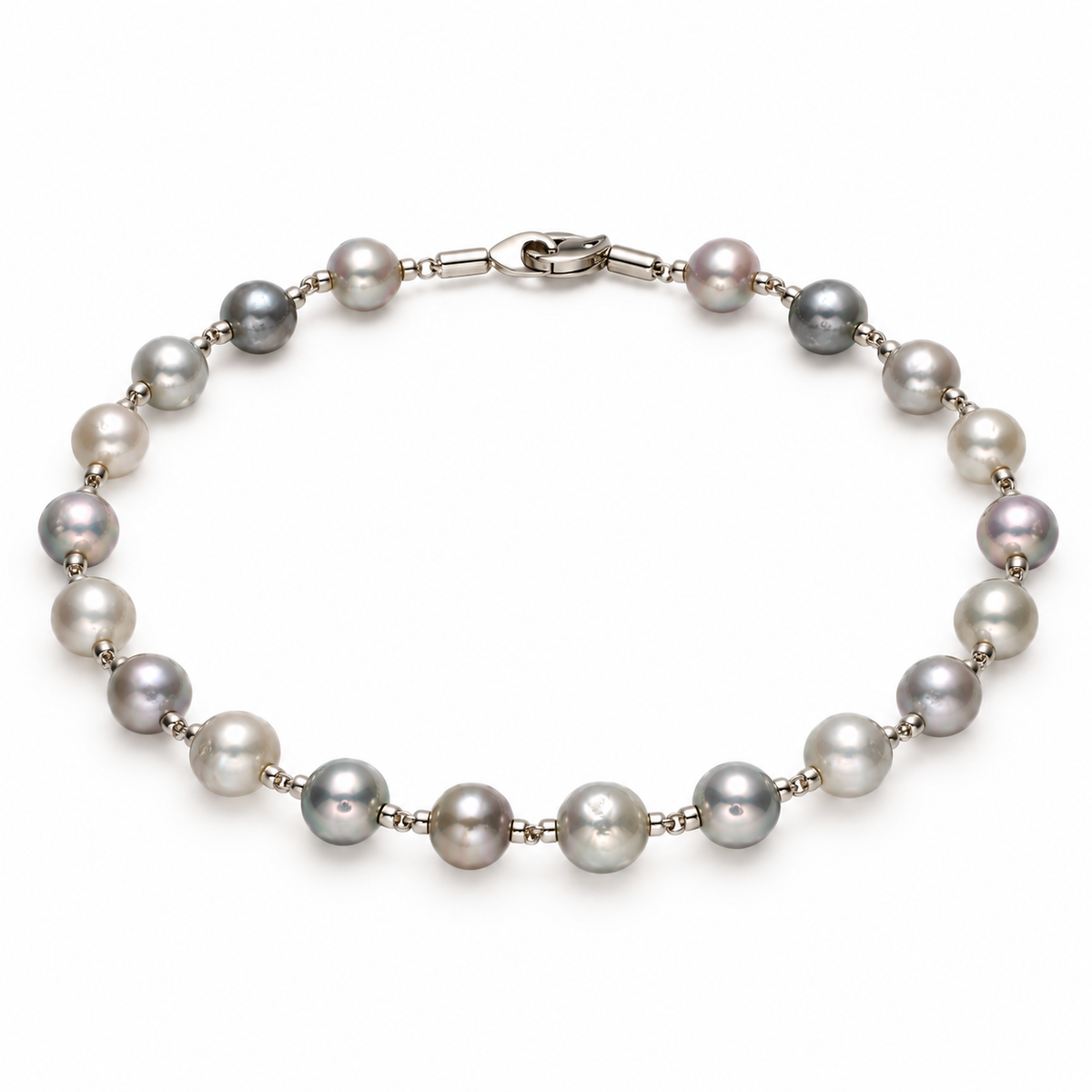 Multi-tone grey ombre pearl beaded bracelet with stainless steel clasp on white background
