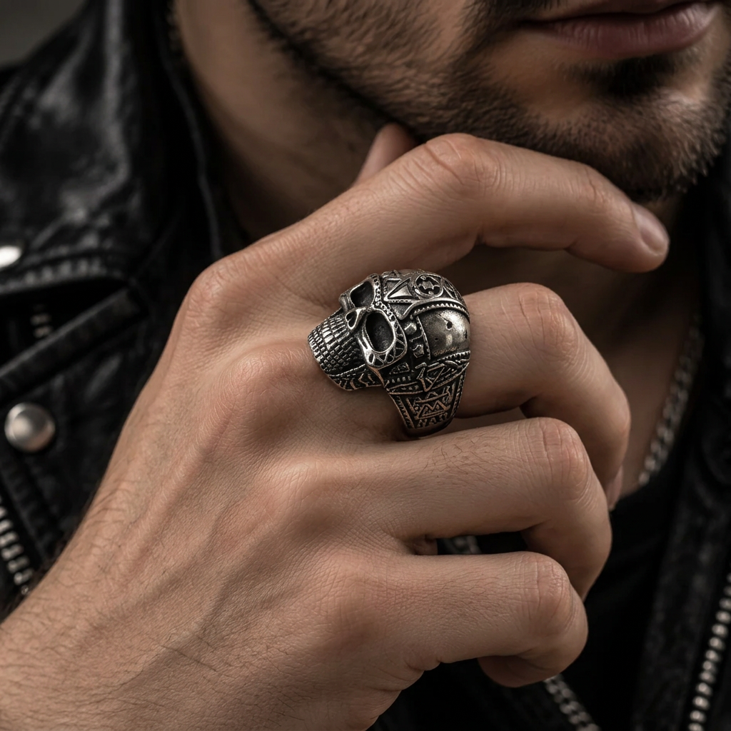 Close up of geometric forehead totem and textured jaw on skull ring
