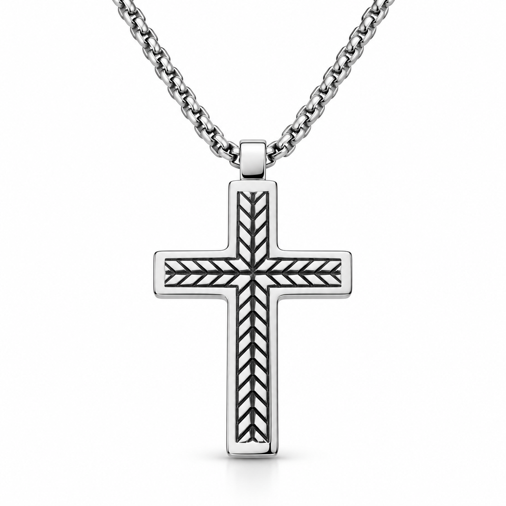 Men's engraved chevron herringbone cross pendant necklace on stainless steel chain

