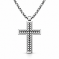 Men's engraved chevron herringbone cross pendant necklace on stainless steel chain
