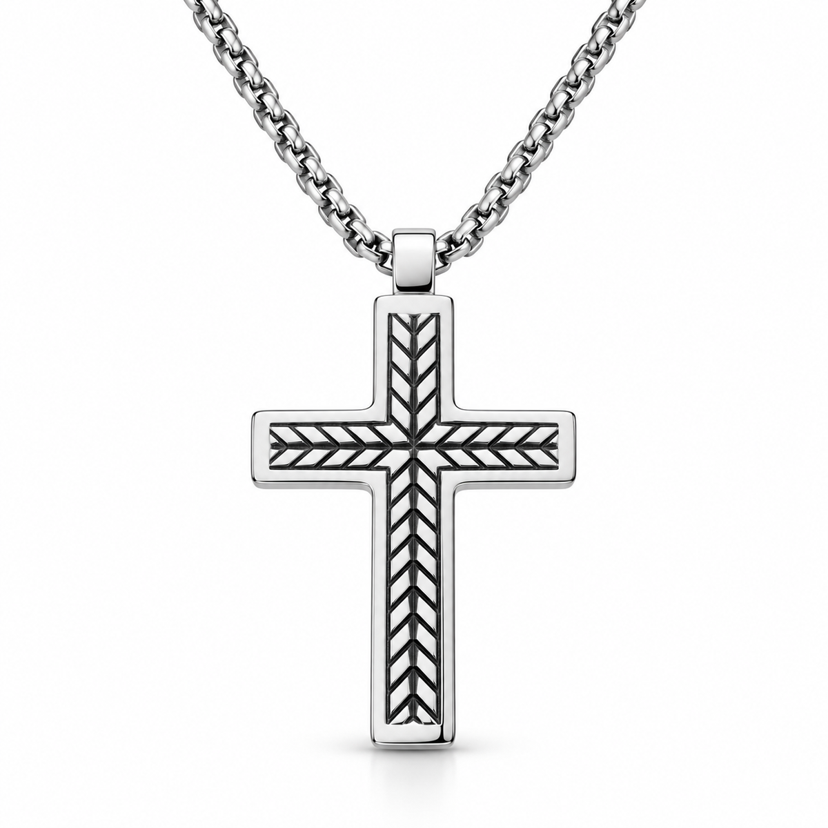 Men's engraved chevron herringbone cross pendant necklace on stainless steel chain

