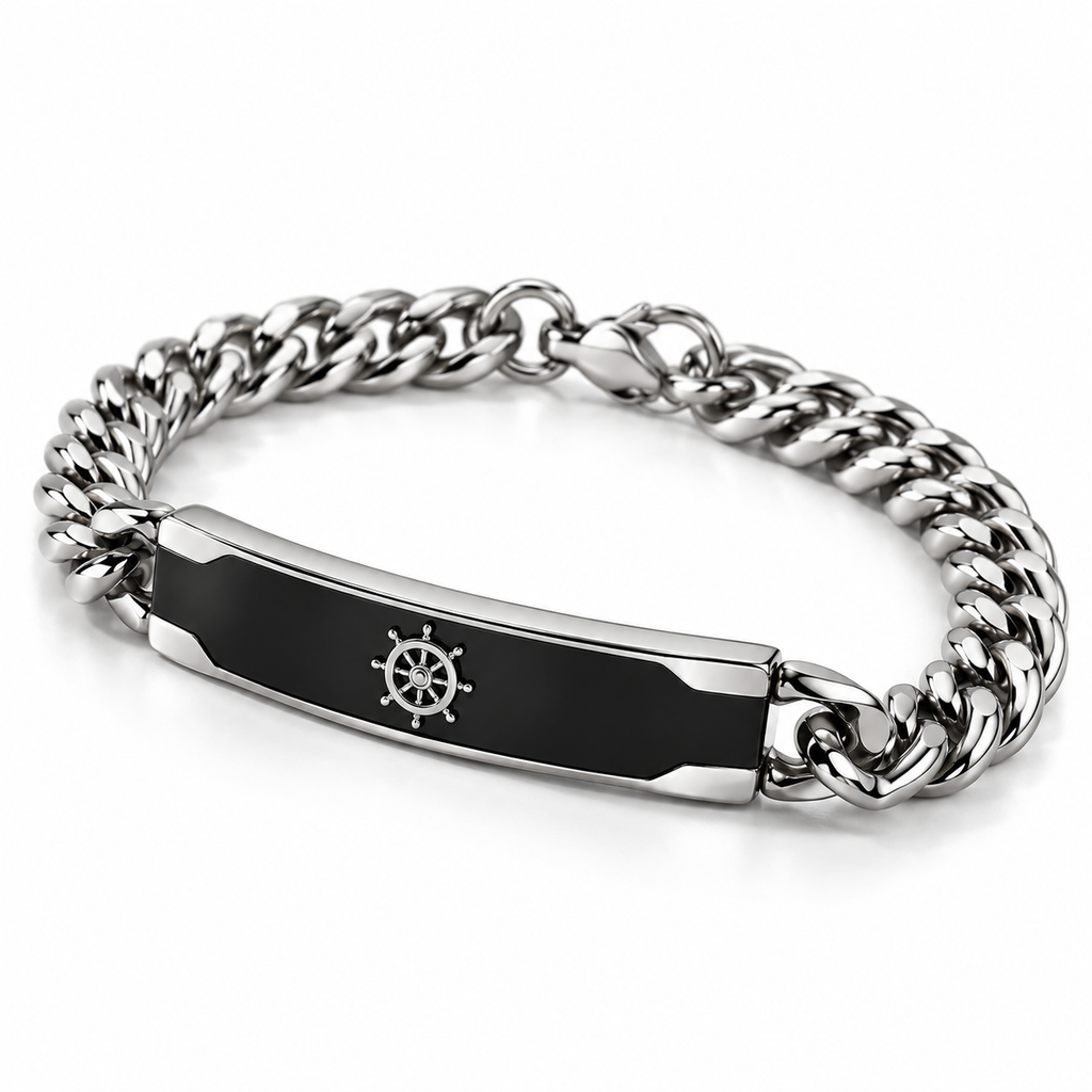 Men's Cuban Curb Chain Black Enamel Ship's Wheel Helm ID Bar Bracelet