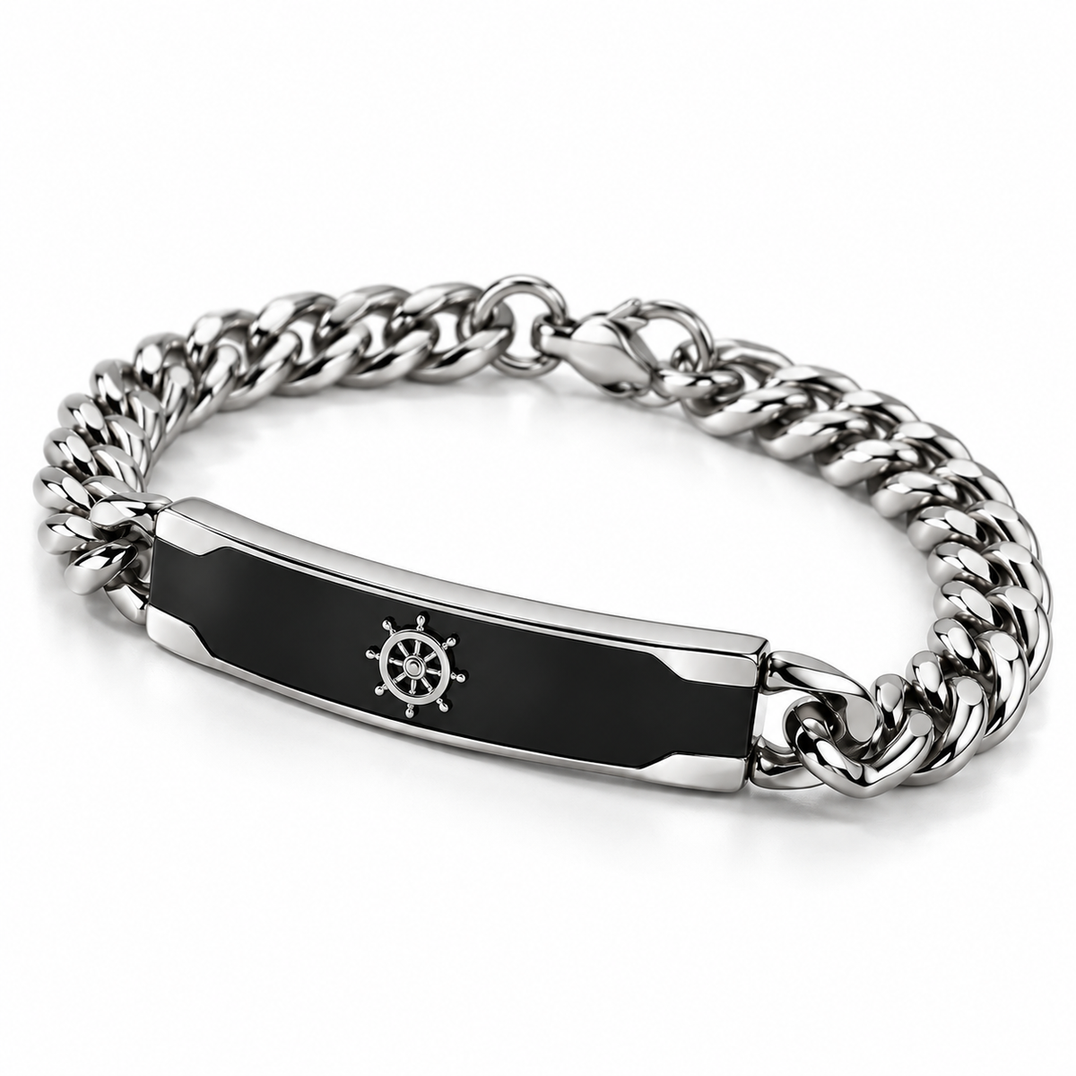 Men's Cuban Curb Chain Black Enamel Ship's Wheel Helm ID Bar Bracelet – Stainless Steel Jewelry