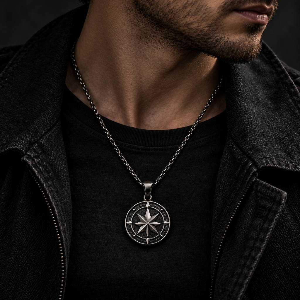 Model wearing men's nautical compass star coin pendant necklace
