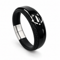 Men's Geometric Shield Leather Bracelet in black with stainless steel armor emblem on white background
