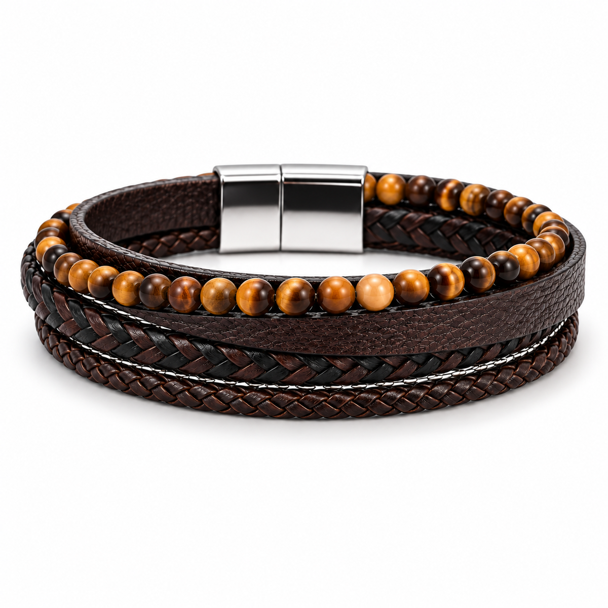 Men's Golden Tiger Eye Multi-Layer Brown Leather Bracelet with gemstone beads on white background

