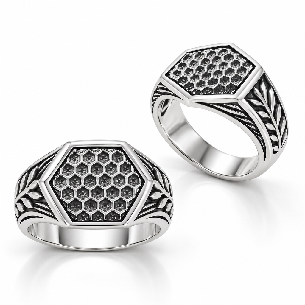Dual view of Men's honeycomb signet ring showing top geometric face and side leaf relief
