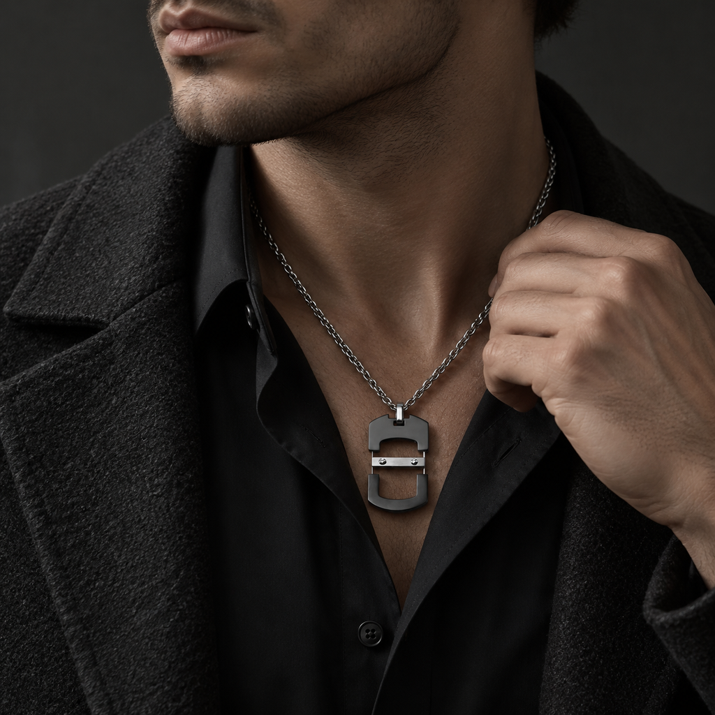Model wearing men's open-work industrial dog tag pendant with black coat and dress shirt
