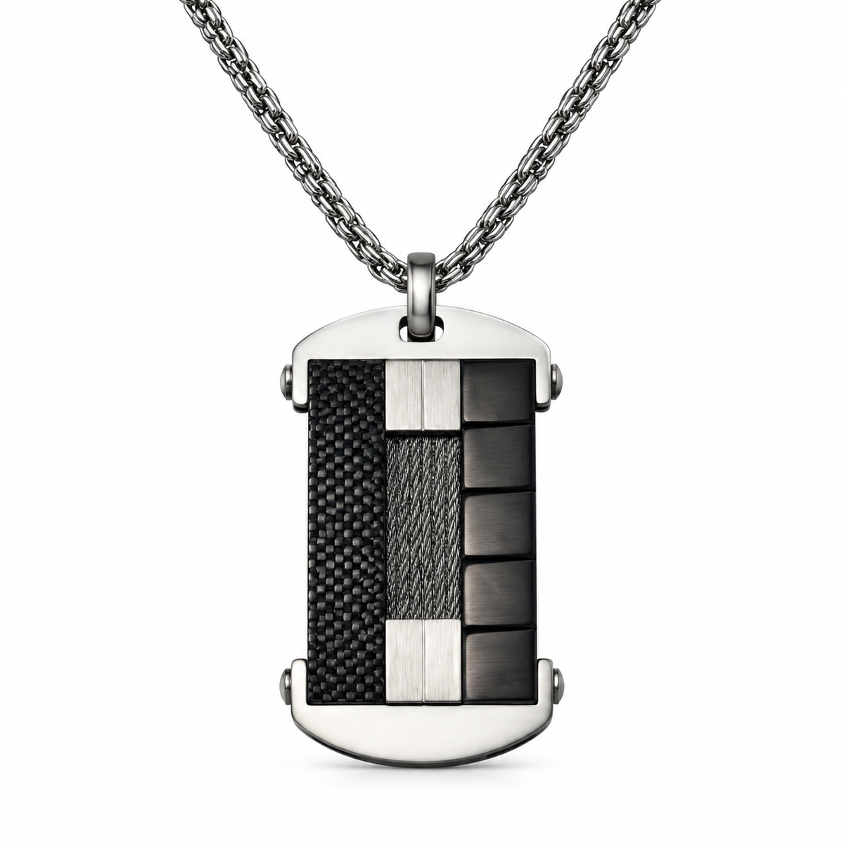 Men's tri-panel carbon fiber and steel cable dog tag pendant necklace on stainless steel chain
