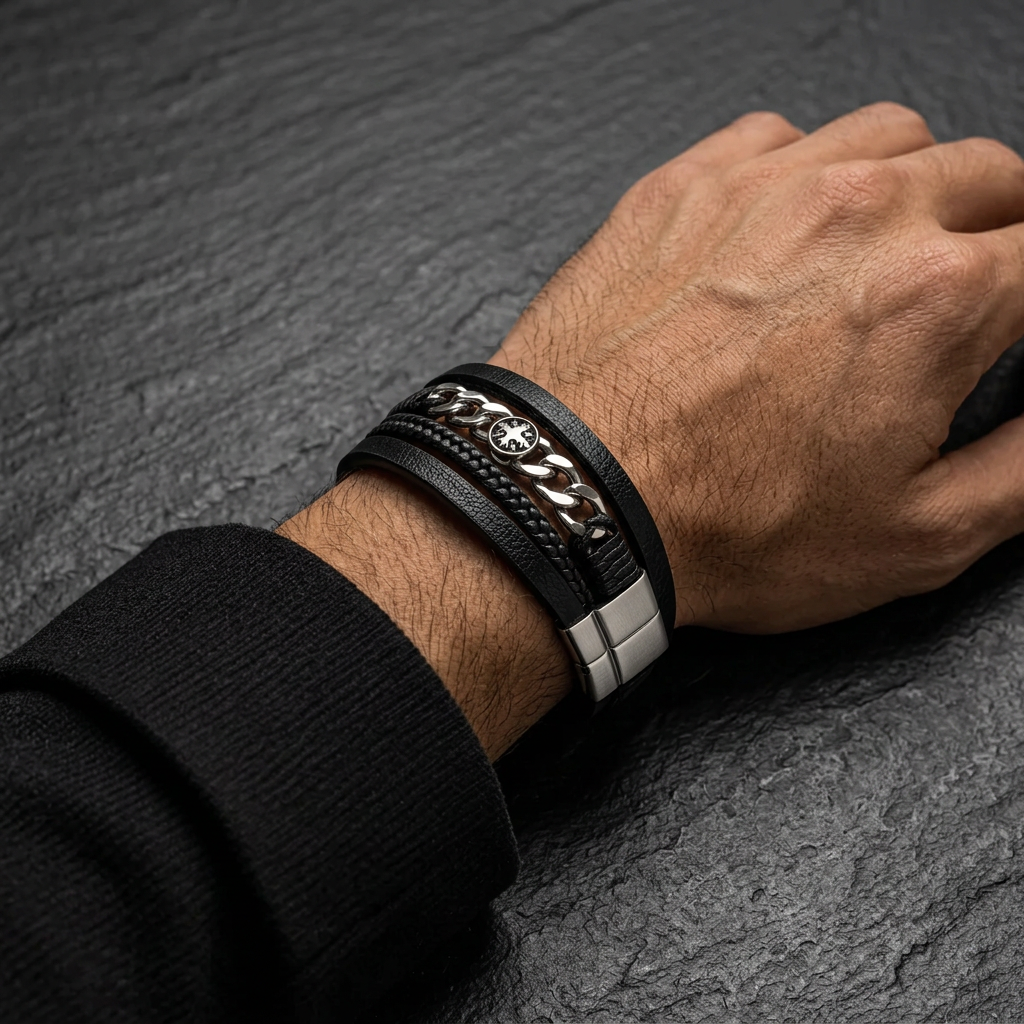 Close-up of male wrist on dark stone wearing multi-strand leather and chain bracelet
