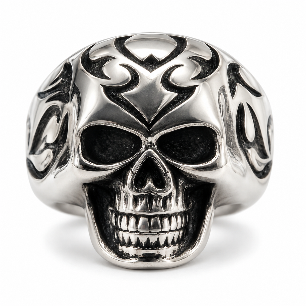 Side profile of carved fire flames on biker skull ring temple
