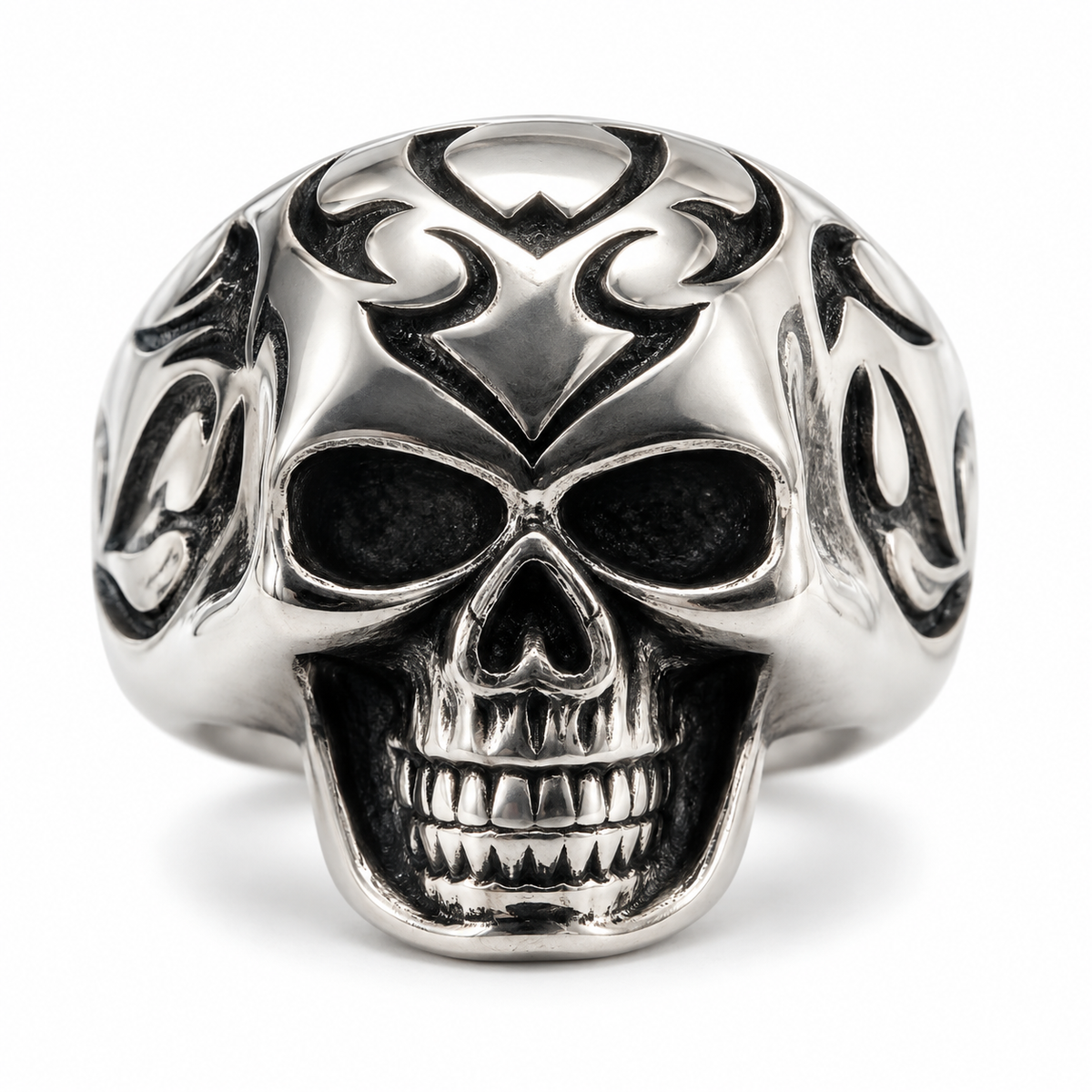 Side profile of carved fire flames on biker skull ring temple
