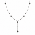 Polished stainless steel women's ball bead lariat Y-drop necklace flat lay on white background
