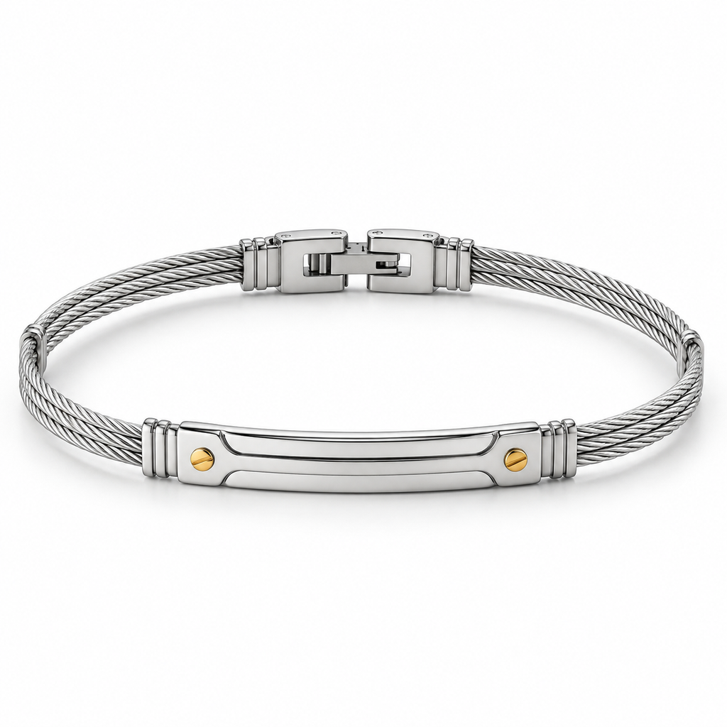 Men's stainless steel twisted cable ID bangle bracelet with gold screw rivet accents
